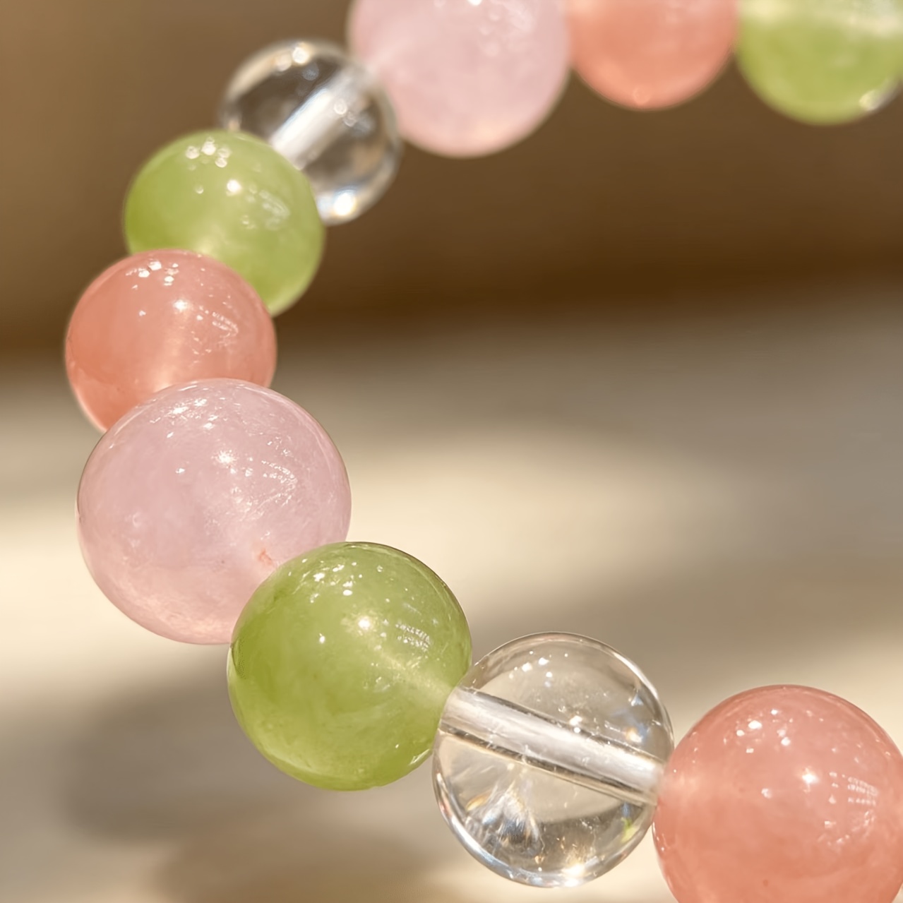 Boho Pastel Pink Green Crystal Beaded Bracelet, Handmade